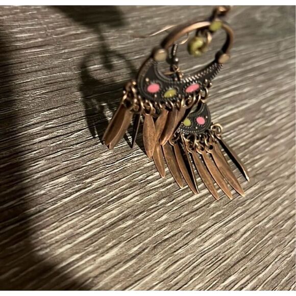 Pink Yellow Enamel and Brass Dreamcatcher Boho Drop Dangle Fashion Earrings NEW - Picture 3 of 4